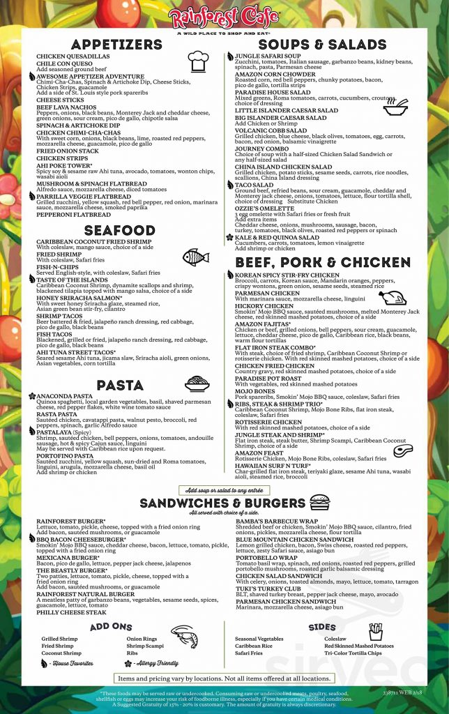 Menu for Rainforest Cafe in Chicago, Illinois